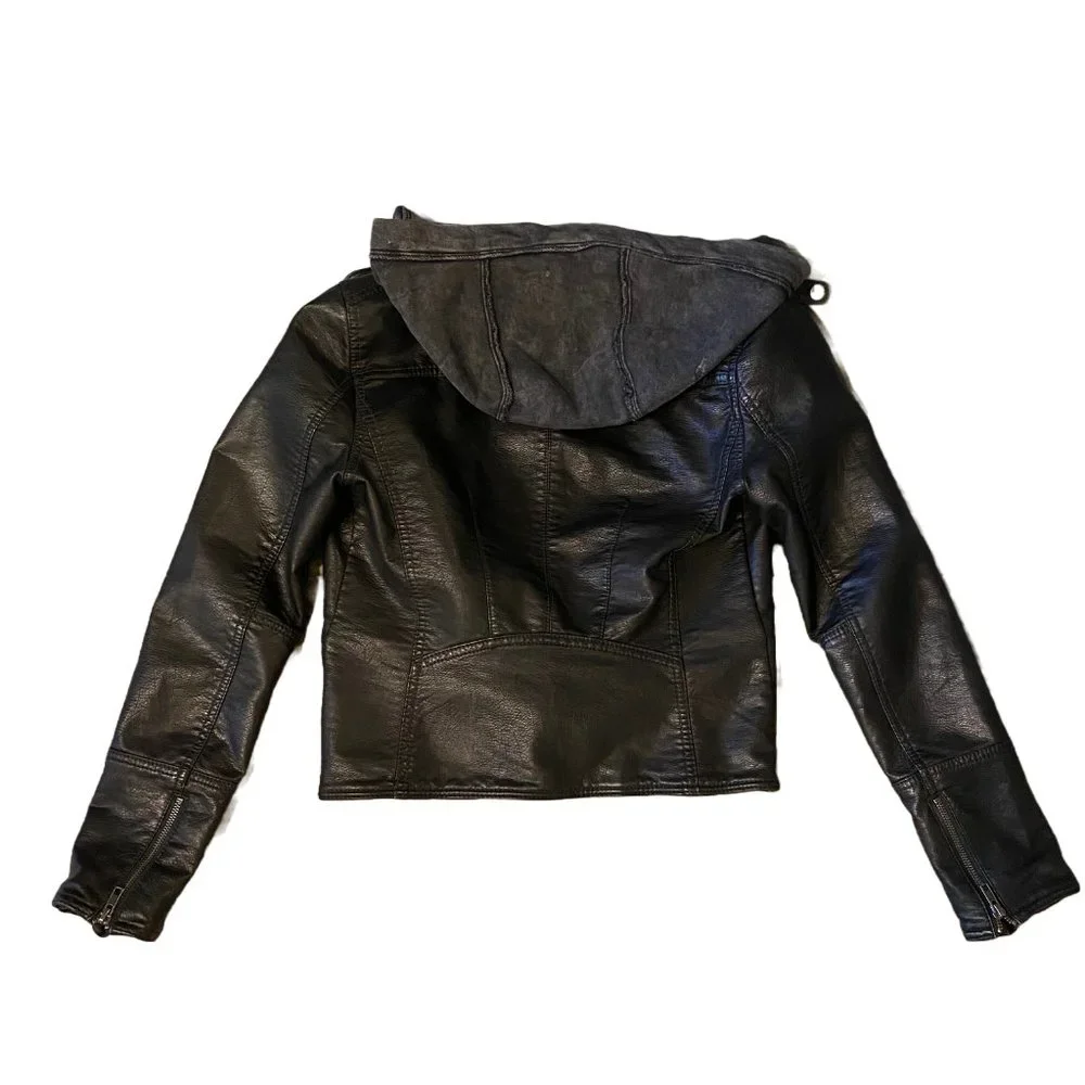 Free People Hooded Faux-Leather Moto Black Jacket - Picture 3 of 6